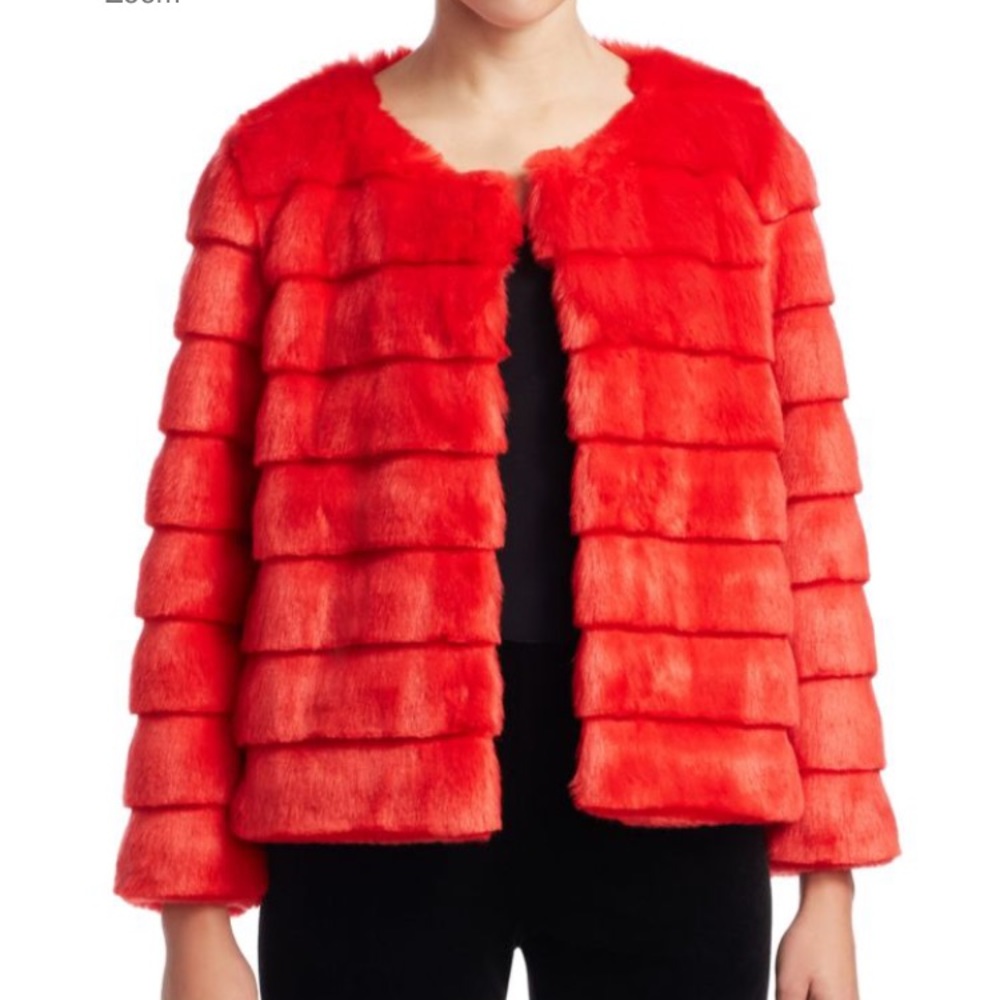 SCRIPTED Tiered Faux Fur Jacket in Brilliant Poppy